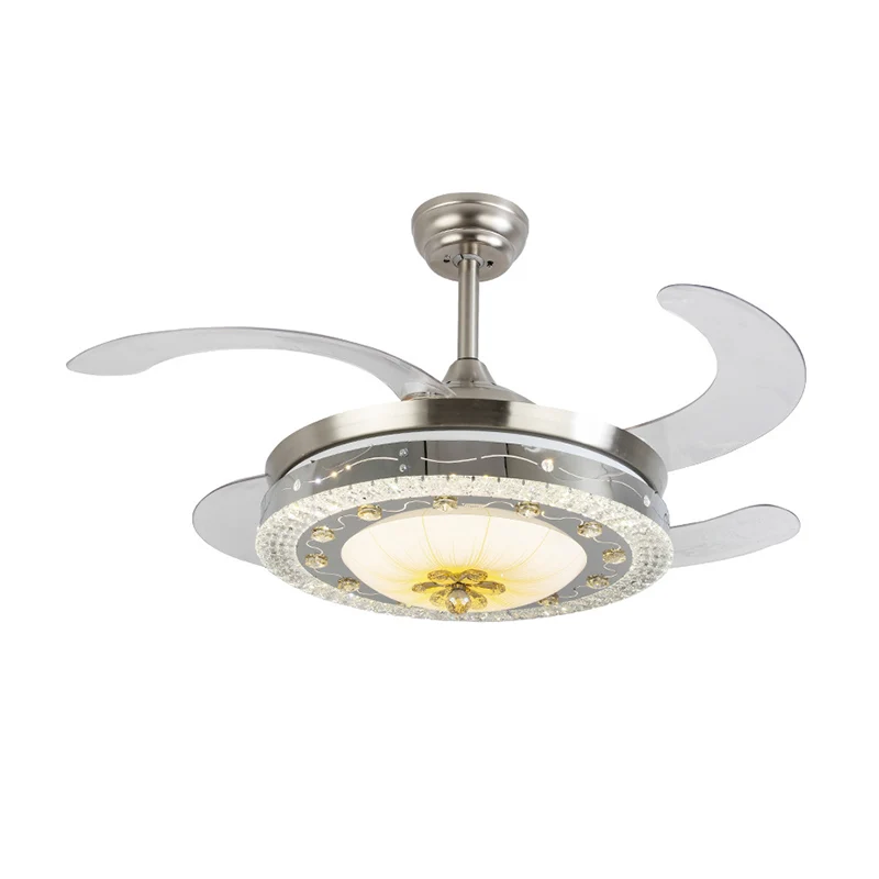 Ventilateur de plafond rond en cristal, luminaire contemporain à LED argenté avec télécommande/commande murale/télécommand...