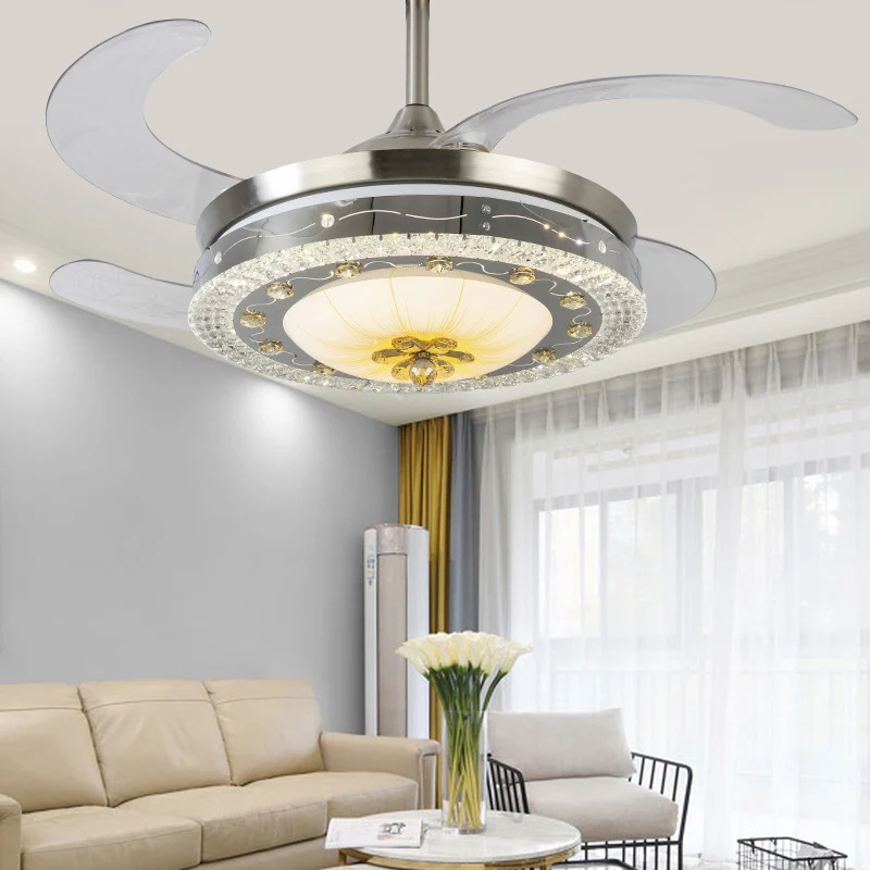 Ventilateur de plafond rond en cristal, luminaire contemporain à LED argenté avec télécommande/commande murale/télécommand...