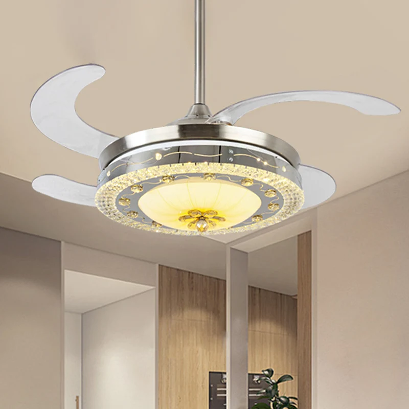 Ventilateur de plafond rond en cristal, luminaire contemporain à LED argenté avec télécommande/commande murale/télécommand...