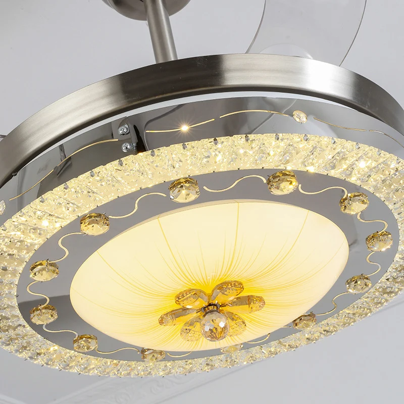 Ventilateur de plafond rond en cristal, luminaire contemporain à LED argenté avec télécommande/commande murale/télécommand...