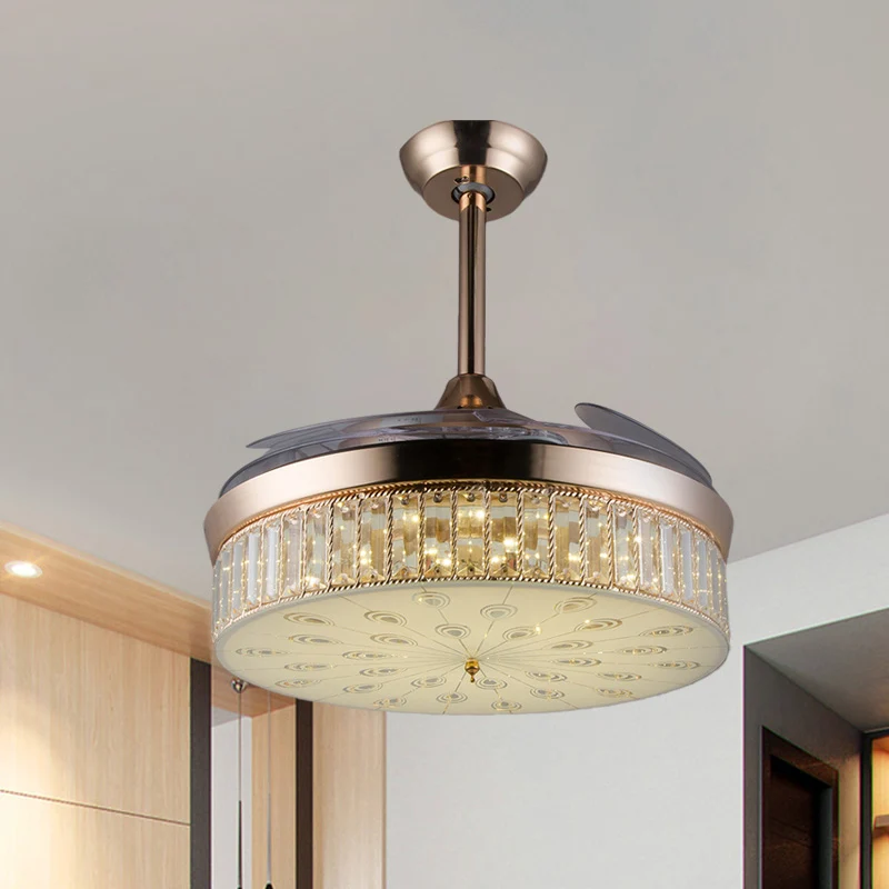 Ventilateur de plafond rond moderne à 3 pales en cristal, éclairage semi-encastré à LED en or, 42,5" de large Clearhalo