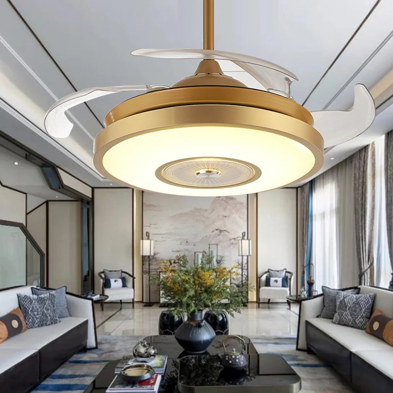Ventilateur de plafond rond traditionnel de 40,6 cm/49,5 cm de large, éclairage LED semi-encastré en métal doré pour le sa...