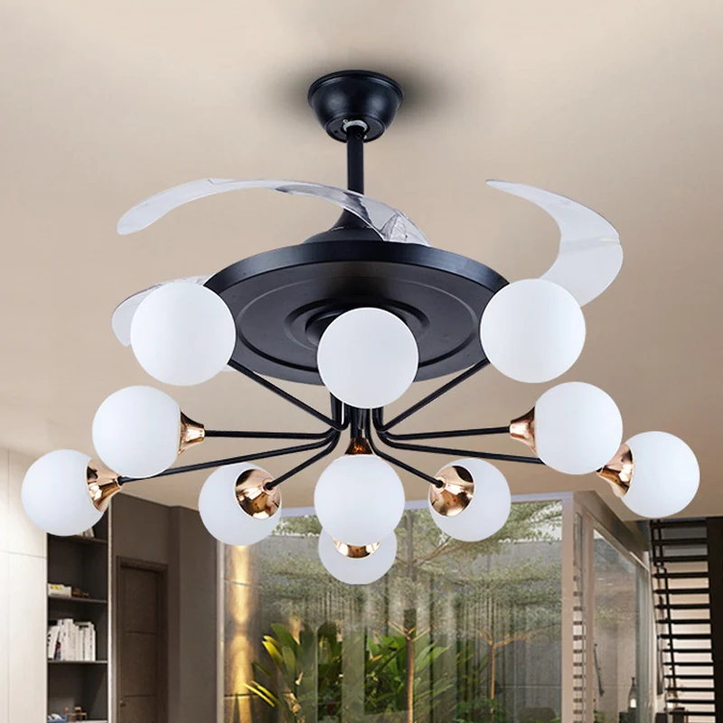 Ventilateur de plafond simple à 11 ampoules, 42 pouces de large, luminaire semi-encastré, orbe noir, avec abat-jour en ver...