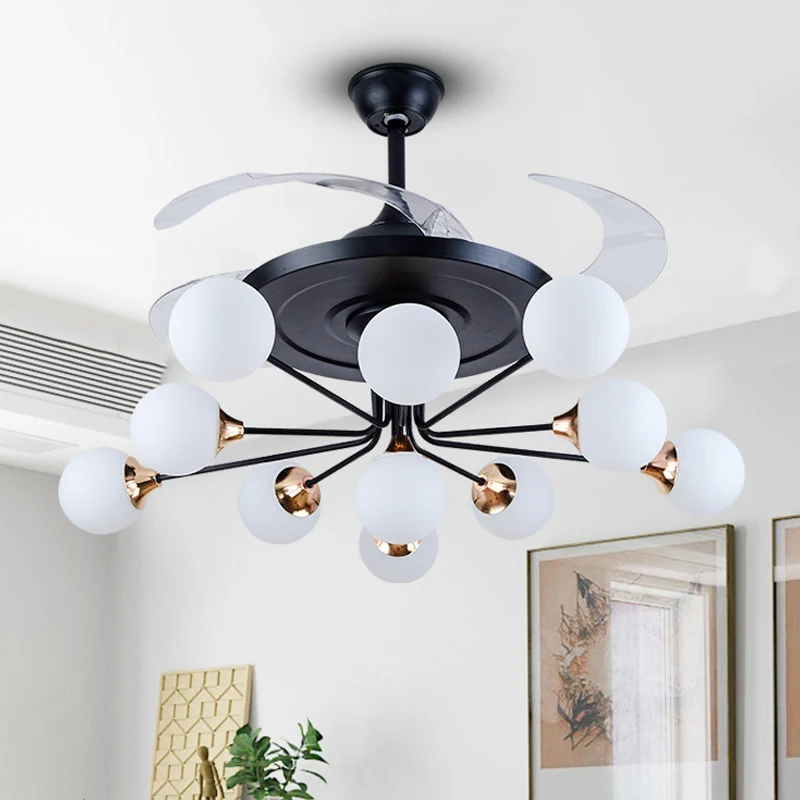 Ventilateur de plafond simple à 11 ampoules, 42 pouces de large, luminaire semi-encastré, orbe noir, avec abat-jour en ver...