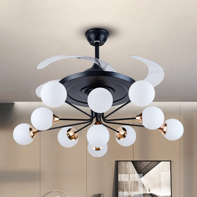 Ventilateur de plafond simple à 11 ampoules, 42 pouces de large, luminaire semi-encastré, orbe noir, avec abat-jour en ver...