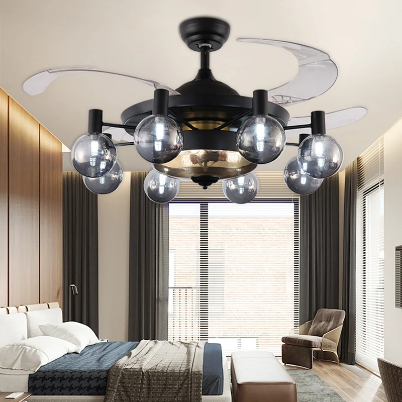 Ventilateur de plafond Spoutnik en métal noir de 121,9 cm de large, 8 têtes industrielles, 4 lames transparentes, lampe se...