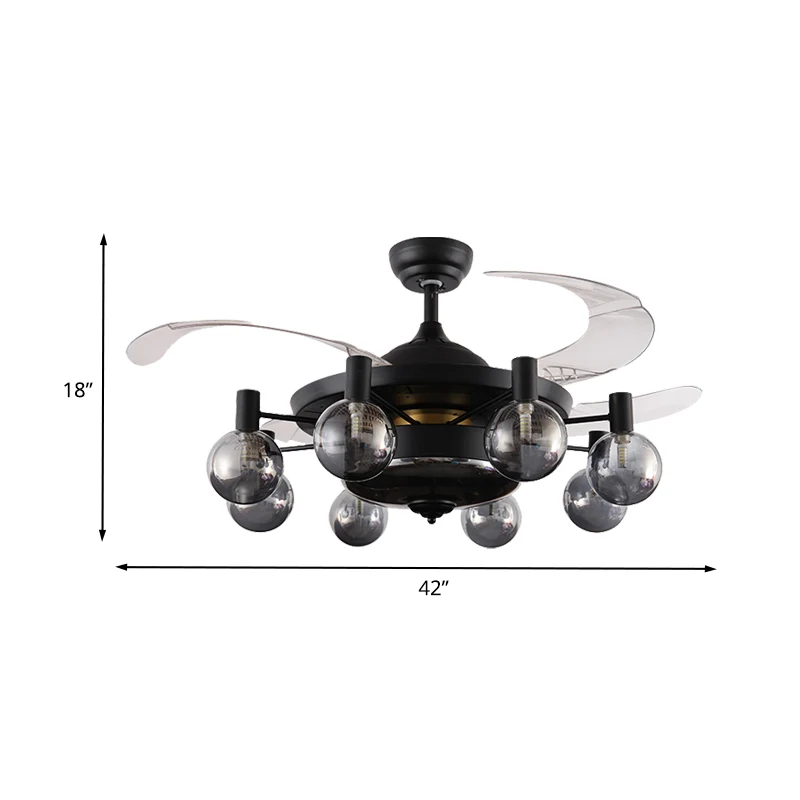 Ventilateur de plafond Spoutnik en métal noir de 121,9 cm de large, 8 têtes industrielles, 4 lames transparentes, lampe se...