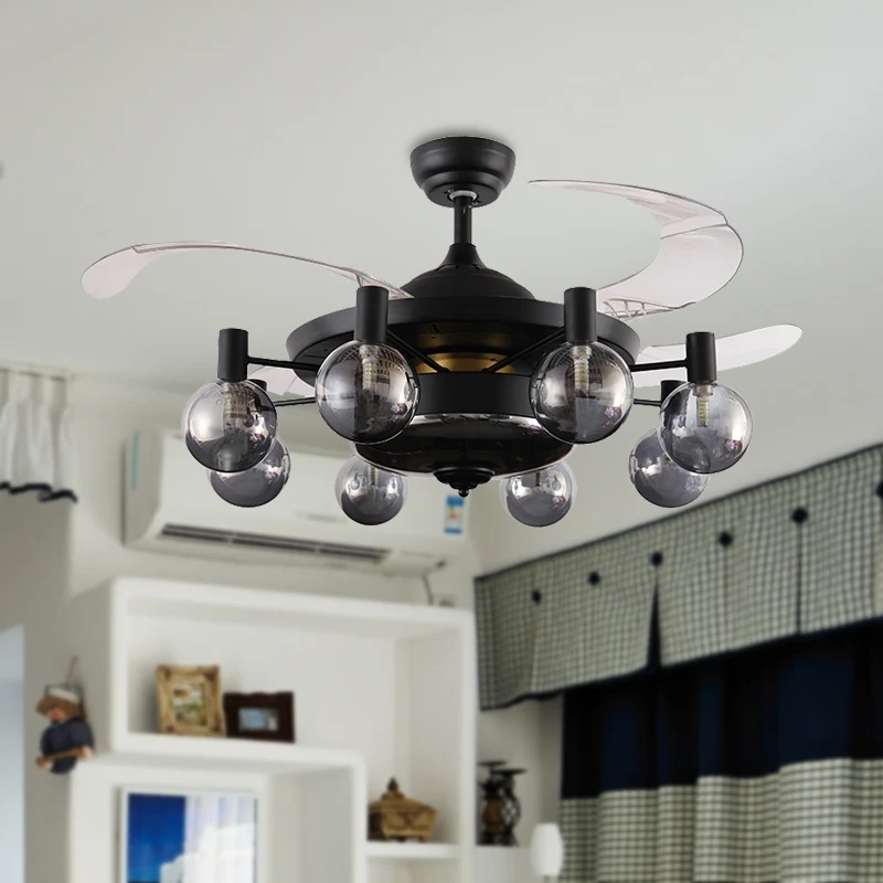 Ventilateur de plafond Spoutnik en métal noir de 121,9 cm de large, 8 têtes industrielles, 4 lames transparentes, lampe se...