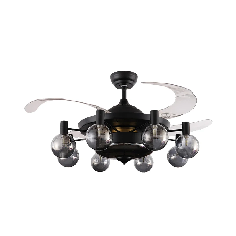 Ventilateur de plafond Spoutnik en métal noir de 121,9 cm de large, 8 têtes industrielles, 4 lames transparentes, lampe se...