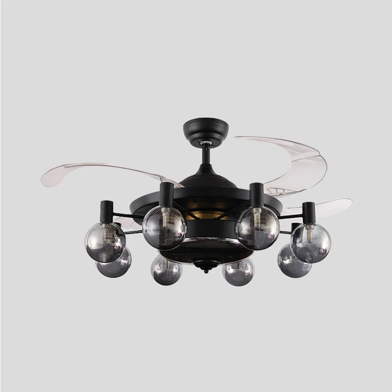 Ventilateur de plafond Spoutnik en métal noir de 121,9 cm de large, 8 têtes industrielles, 4 lames transparentes, lampe se...