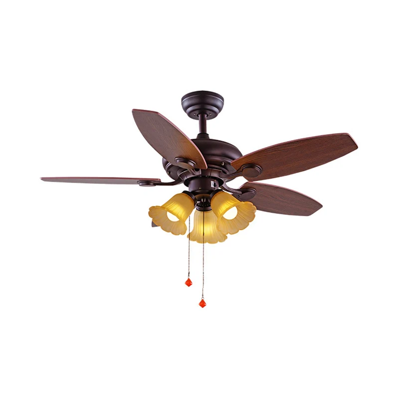 Ventilateur de plafond en verre nervuré à 3 lumières, éclairage Semi-affleurant classique marron festonné pour chambre à c...