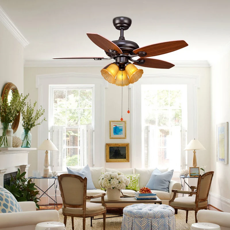Ventilateur de plafond en verre nervuré à 3 lumières, éclairage Semi-affleurant classique marron festonné pour chambre à c...