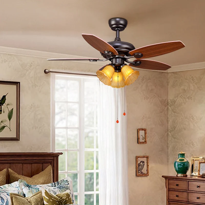 Ventilateur de plafond en verre nervuré à 3 lumières, éclairage Semi-affleurant classique marron festonné pour chambre à c...