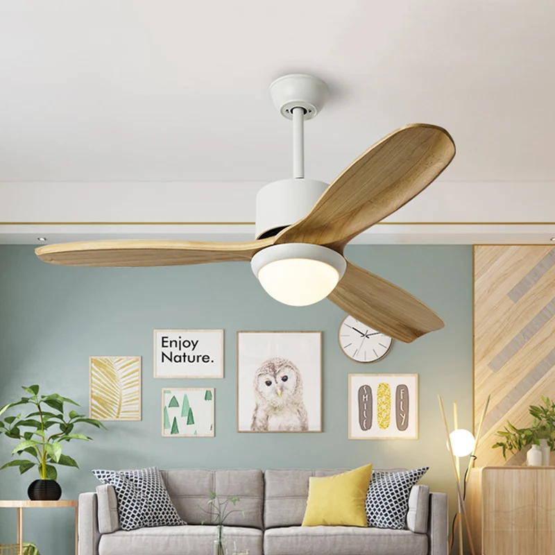Ventilateur suspendu en forme de bol blanc, éclairage minimalisme LED en bois pour salon, montage semi-encastré avec 3 pal...