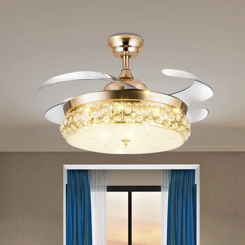 Ventilateur suspendu en forme d'arche à 4 pales, semi-encastré contemporain en cristal doré, 19,5 po de largeur Clearhalo