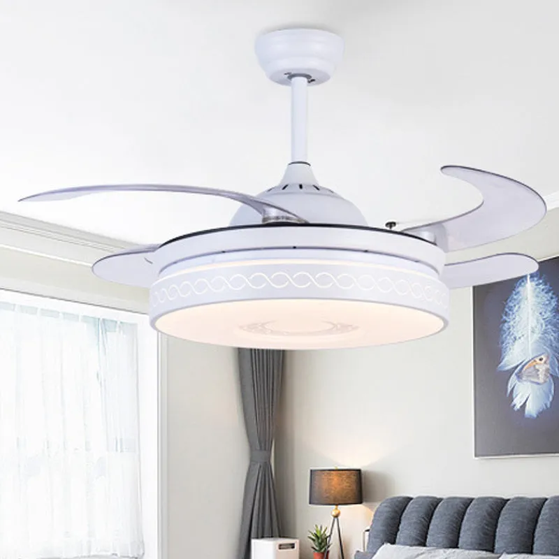 Ventilateur suspendu LED en acrylique de 36 po de largeur, anneau blanc moderne, montage semi-encastré pour salon avec tél...