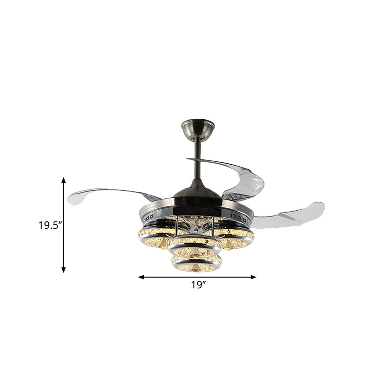Ventilateur suspendu à LED minimaliste de 19 po de largeur, beignet en nickel, 4 pales semi-encastrées avec abat-jour méta...