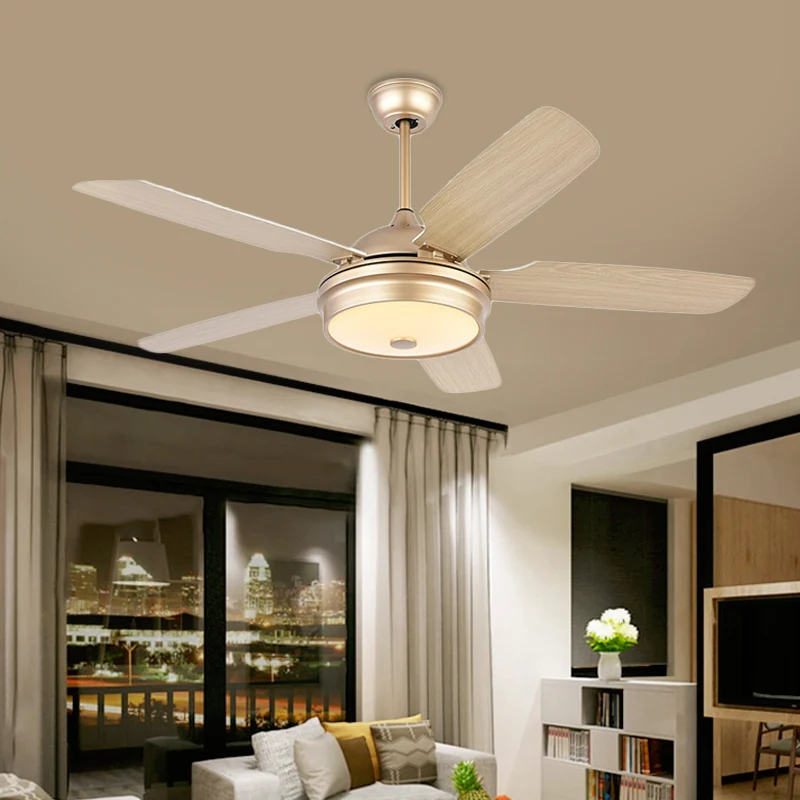 Ventilateur suspendu en métal à LED de 52 pouces de large, tambour doré moderniste pour salon, 5 pales, semi-encastré avec...