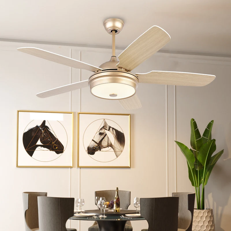 Ventilateur suspendu en métal à LED de 52 pouces de large, tambour doré moderniste pour salon, 5 pales, semi-encastré avec...