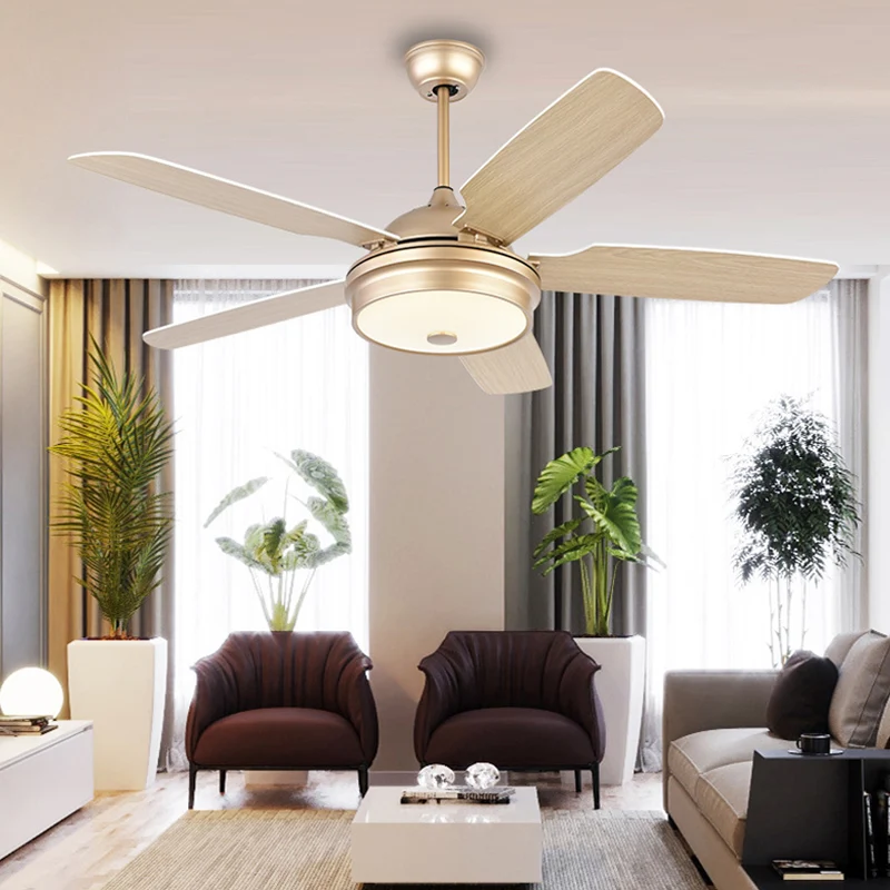Ventilateur suspendu en métal à LED de 52 pouces de large, tambour doré moderniste pour salon, 5 pales, semi-encastré avec...