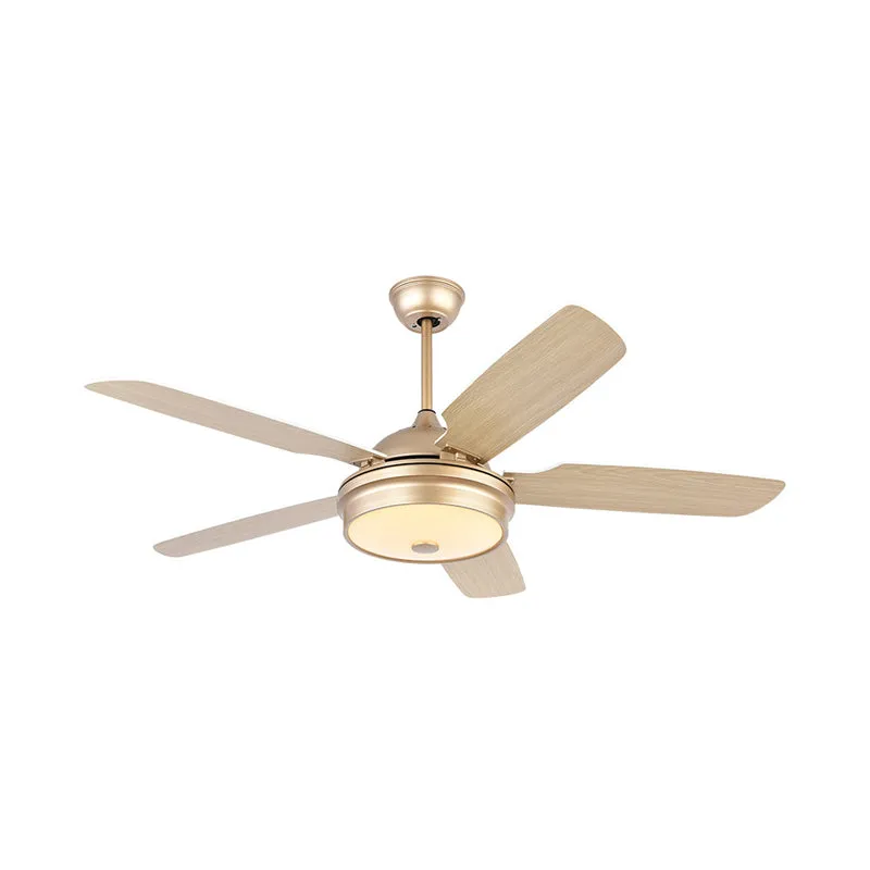 Ventilateur suspendu en métal à LED de 52 pouces de large, tambour doré moderniste pour salon, 5 pales, semi-encastré avec...