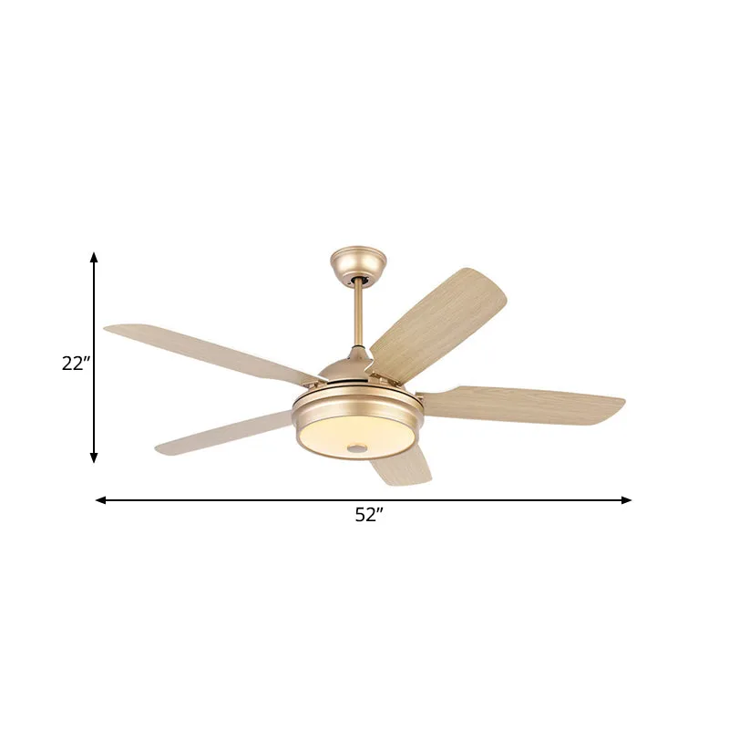 Ventilateur suspendu en métal à LED de 52 pouces de large, tambour doré moderniste pour salon, 5 pales, semi-encastré avec...