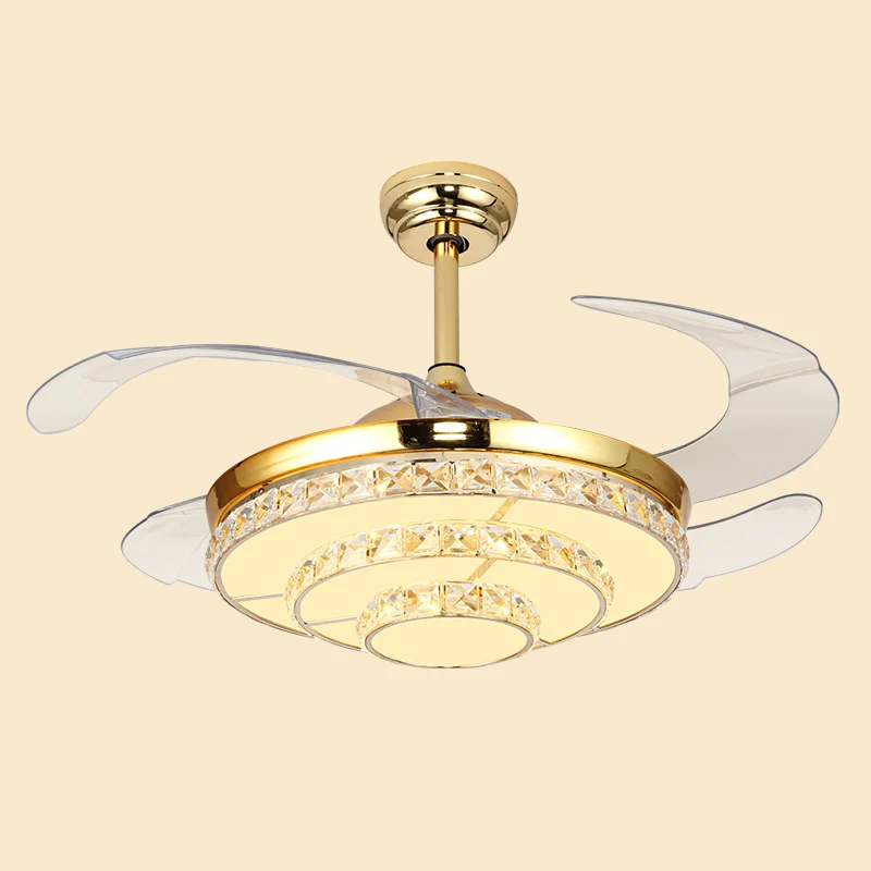 Ventilateur suspendu rond à 4 pales pour chambre à coucher, semi-encastré à LED moderniste en cristal, doré, 42 po de larg...
