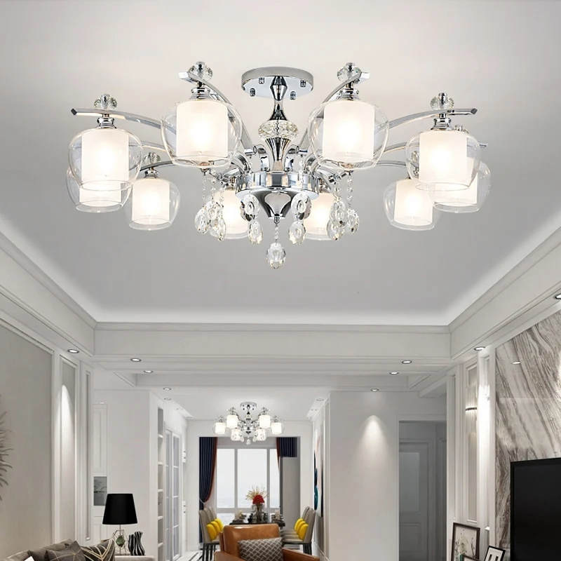 Verre clair Global Down Lighting Simple lustre chromé à 6 lumières avec brins de cristal déco Clearhalo