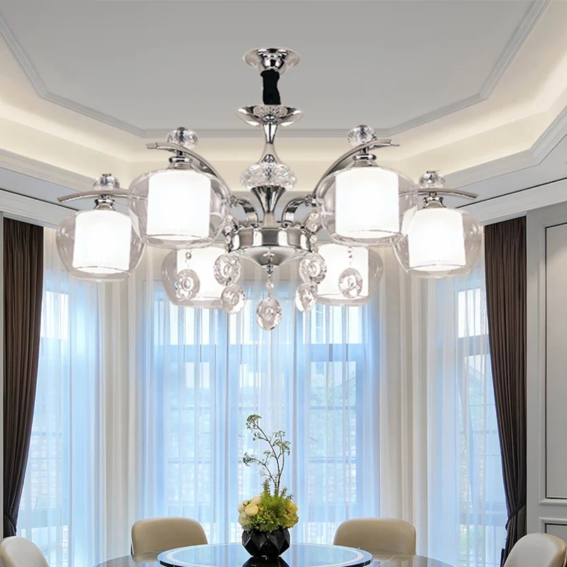 Verre clair Global Down Lighting Simple lustre chromé à 6 lumières avec brins de cristal déco Clearhalo