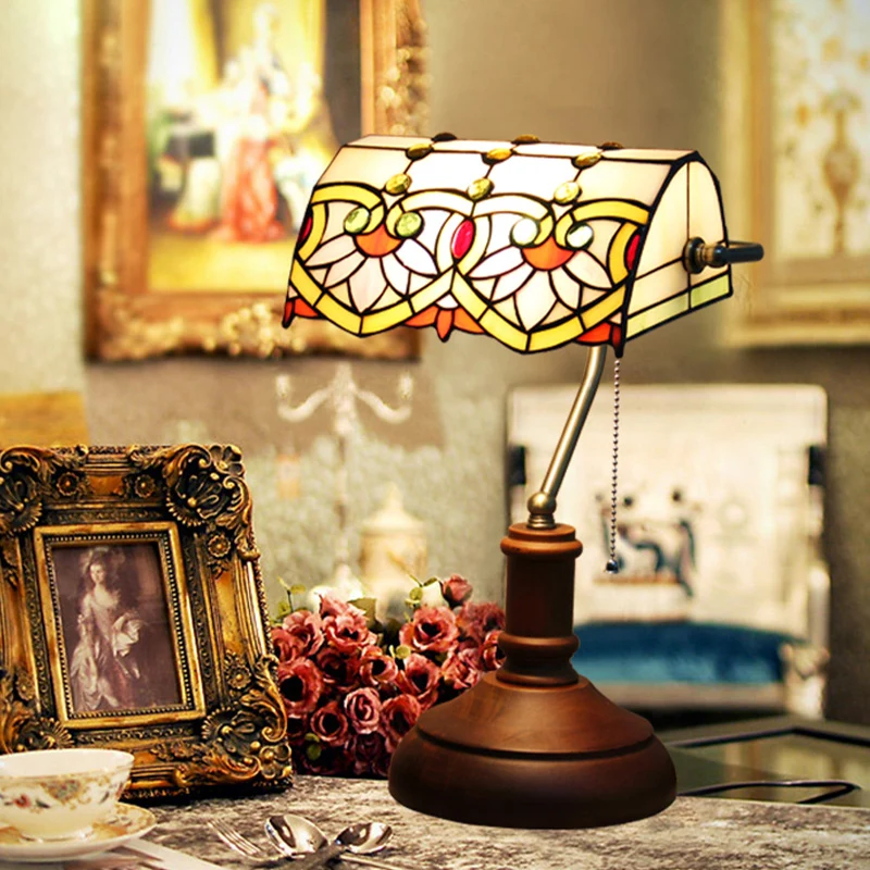 Vitrail marron foncé, éclairage de table de chevet, abat-jour à bascule, 1 lumière, lampe de table méditerranéenne avec ch...