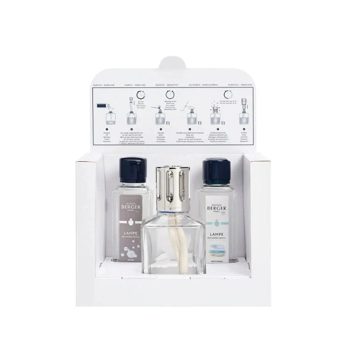 Coffret Maison Berger lampe essentiel carrée avec 2 recharges air pur/vent d'océ 250 ml