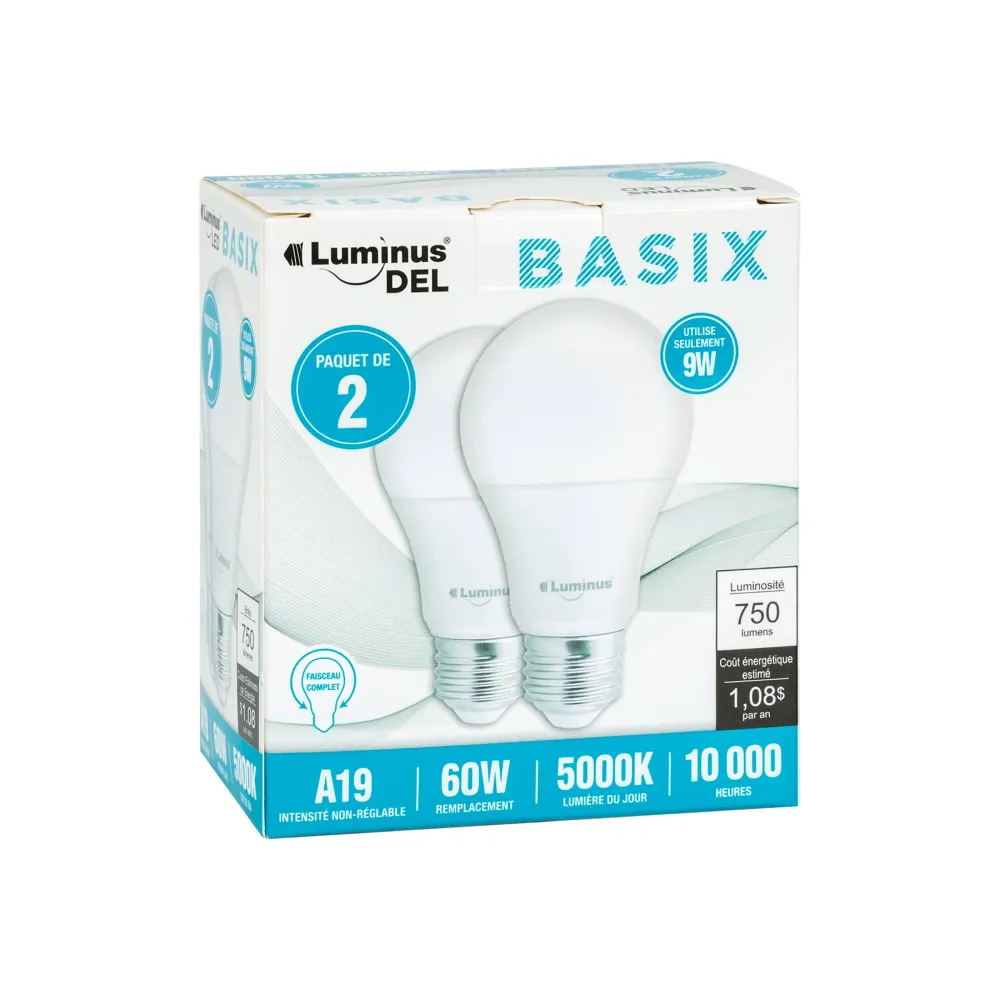 Luminus Led Basix Pqt de 2 Ampoules Lumière du Jour A19 5000K CONGLOM