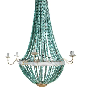 Plafonnier avec structure en fer forgé avec chaînes de liège vert d'eau et six supports de lumière Consuralia SL