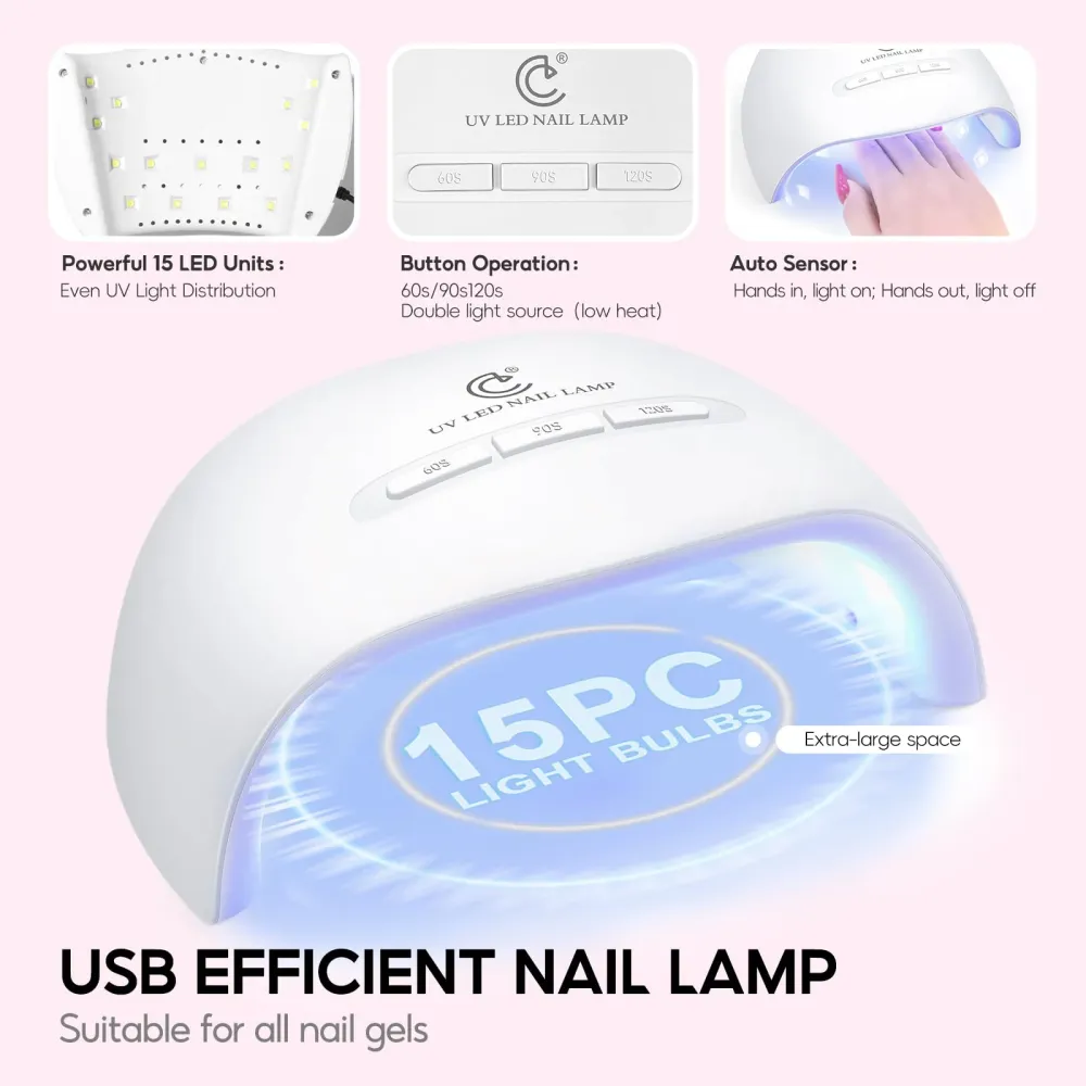 COSCELIA Kit Acrylique Débutants 58 Pièces – Poudres Transparentes, Rose et Blanc, Lampe UV et Foret à Ongles