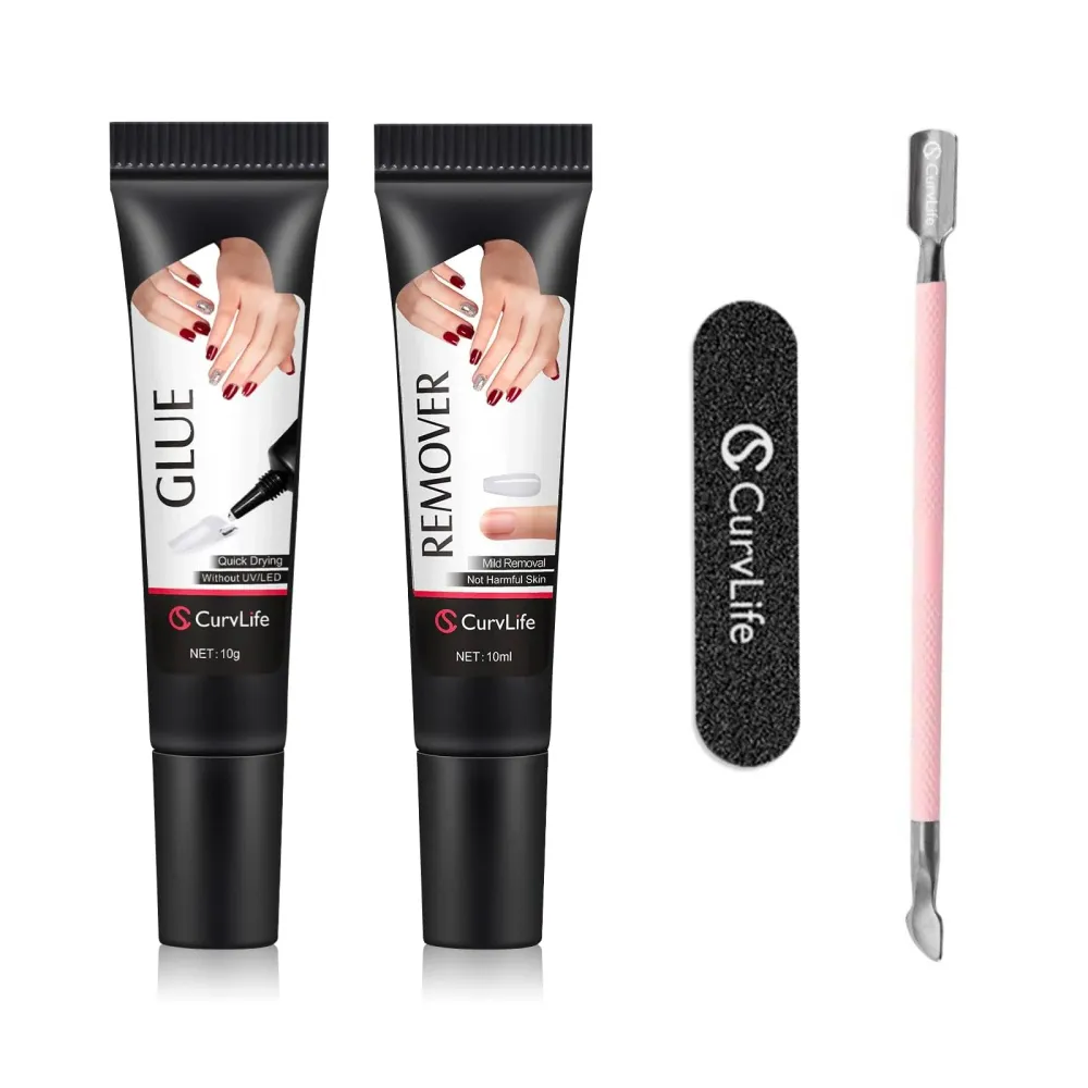 Colle Ongles Semi-Solide Curvlife 10 g + Dissolvant 10 ml – Pose Sans Lampe UV, Séchage Rapide