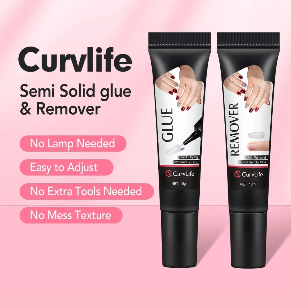 Colle Ongles Semi-Solide Curvlife 10 g + Dissolvant 10 ml – Pose Sans Lampe UV, Séchage Rapide
