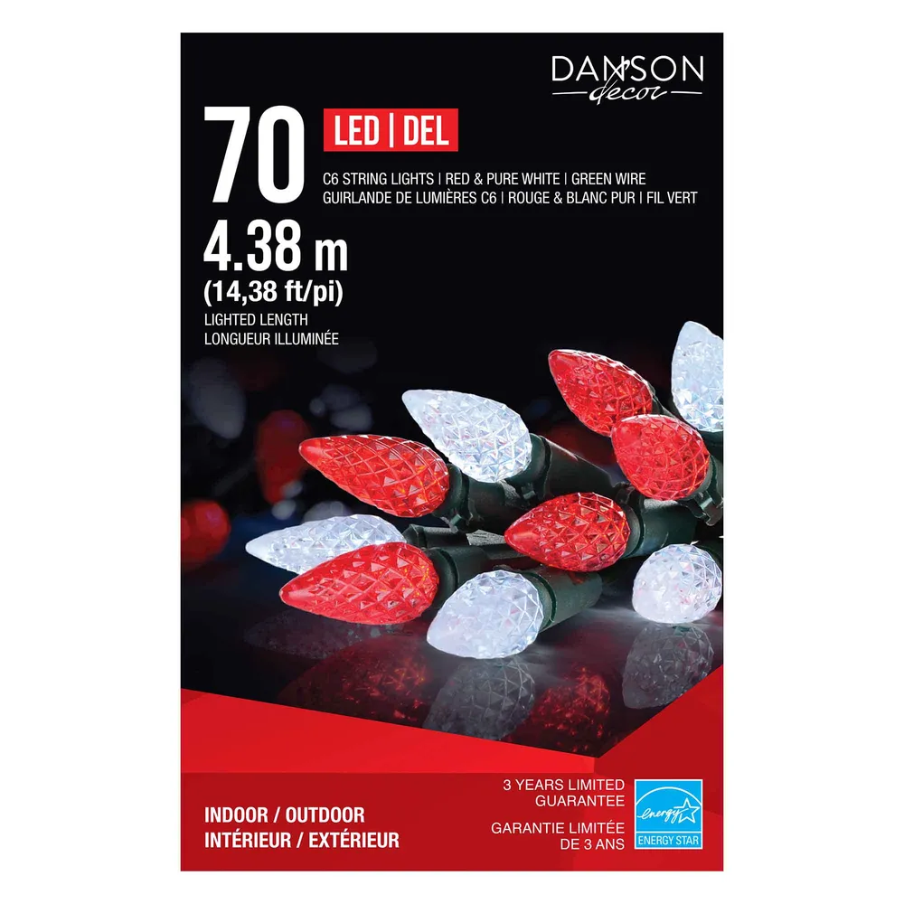 Guirlande de 70 lumières C6 DEL de 14,38' (4,38 m), blanc pur et rouge DANSON