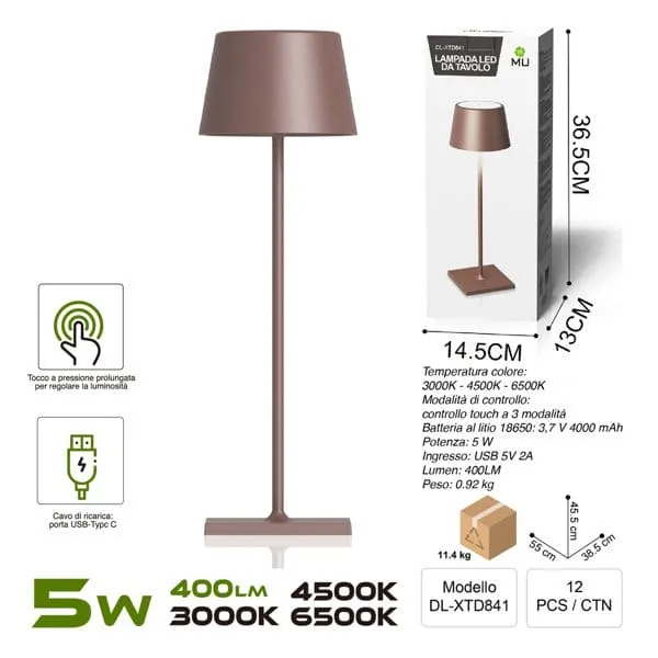 DL-XTD841 TOUCHLAMPADA FERRO MARRONE RICARICA USB