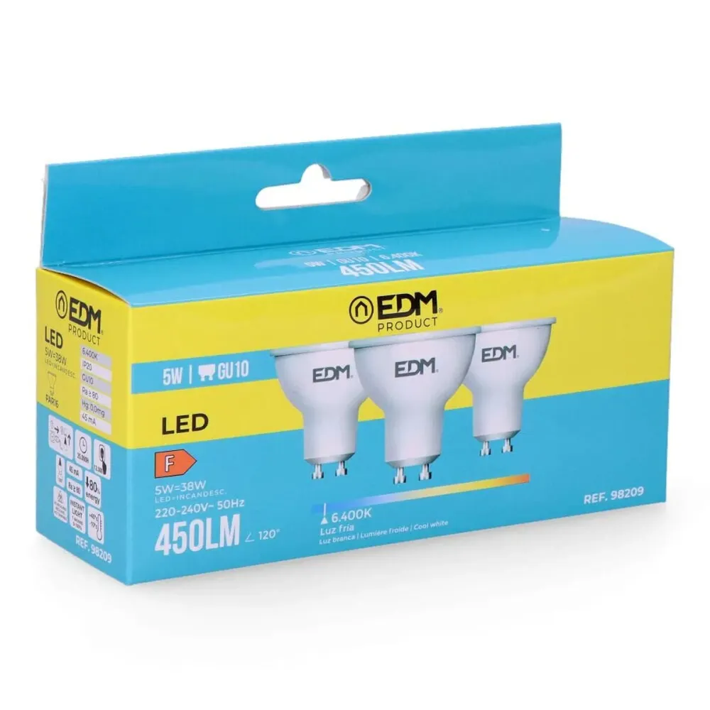 Pack de 3 ampoules LED EDM 98209 F 5 W 45 W 38 W GU10 450 lm Ø 5 x 5,5 cm (6400 K) EDM Product