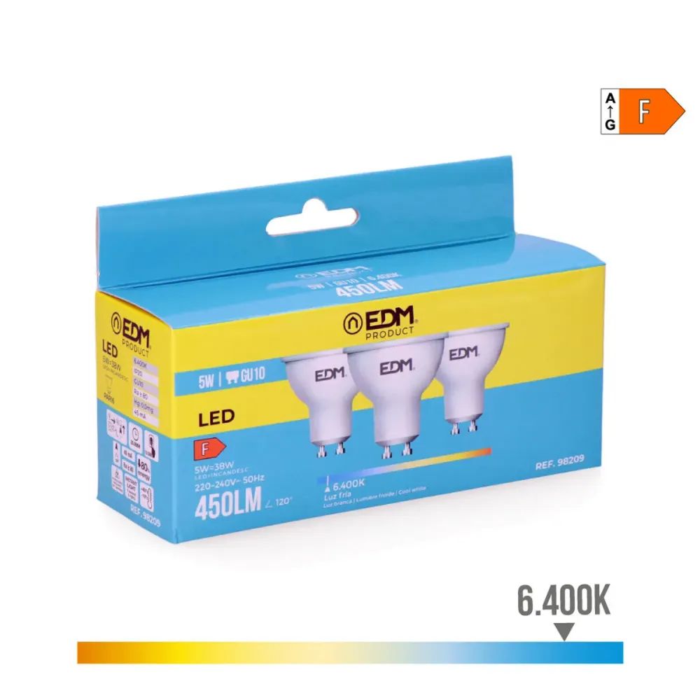 Pack de 3 ampoules LED EDM 98209 F 5 W 45 W 38 W GU10 450 lm Ø 5 x 5,5 cm (6400 K) EDM Product