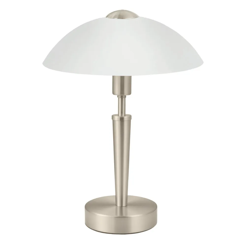 Eglo Lampe à poser SOLO 1, 1 lampe de table à flamme, matériau : acier, couleur : nickel mat, verre : blanc satiné, douill...