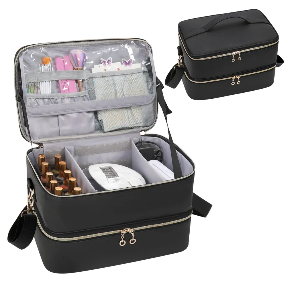 Ethereal Organisateur de Vernis – Étui en cuir noir pour 50+ bouteilles et lampe à ongles
