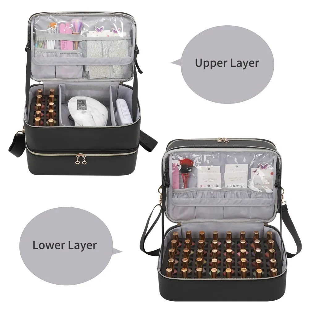 Ethereal Organisateur de Vernis – Étui en cuir noir pour 50+ bouteilles et lampe à ongles
