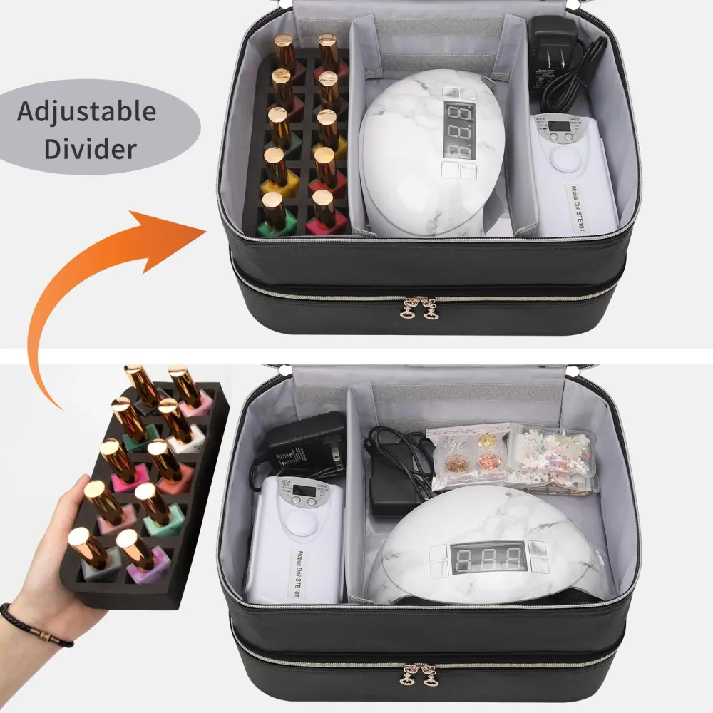 Ethereal Organisateur de Vernis – Étui en cuir noir pour 50+ bouteilles et lampe à ongles