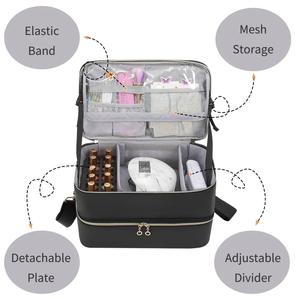 Ethereal Organisateur de Vernis – Étui en cuir noir pour 50+ bouteilles et lampe à ongles