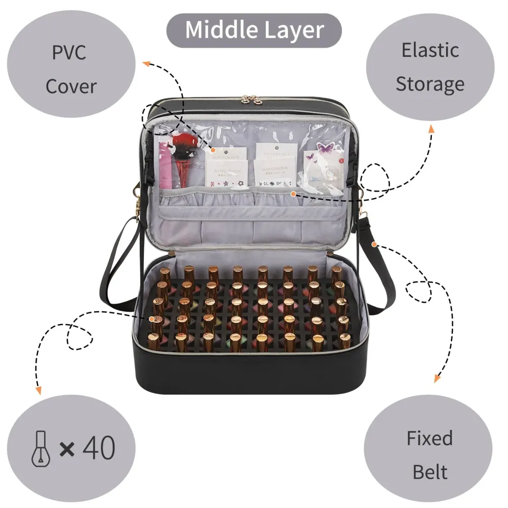 Ethereal Organisateur de Vernis – Étui en cuir noir pour 50+ bouteilles et lampe à ongles