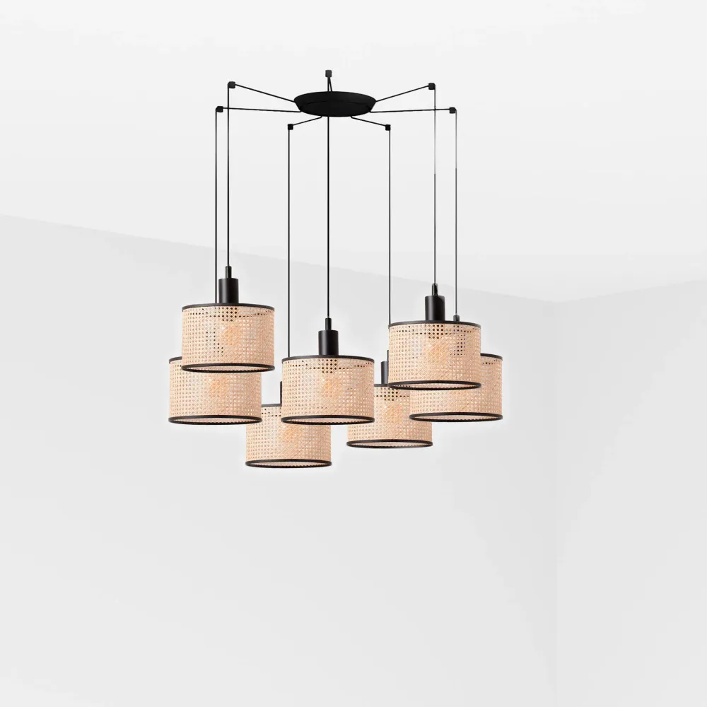 Faro MAMBO 210 7-light Black/Rattan Pendant Lamp 64314-47-7L