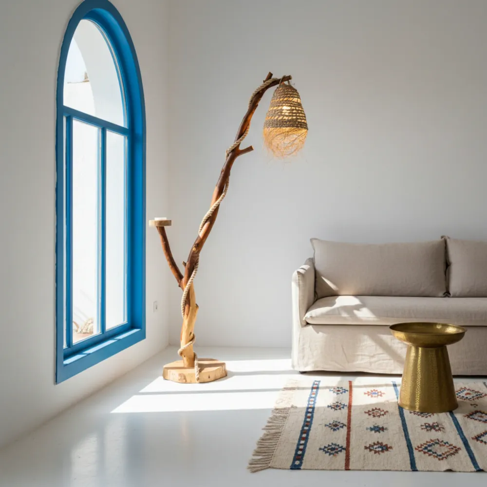 Lampadaire Artisanal en Bois Flotté - Décoration Tunisie Fait Main Fiolla Home