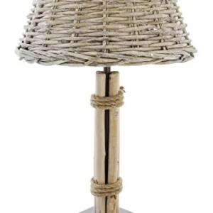 Lampe de table en bois flotté, abat-jour en osier cérusé gris, pied en métal laqué brun foncé Frank Flechtwaren
