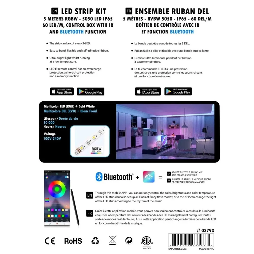 GlobalTone - Ensemble Ruban DEL RGBW, Boitier de Contrôle avec IR et Fonction Bluetooth, 60 DEL par Mètre, Longeur de 5 Mè...